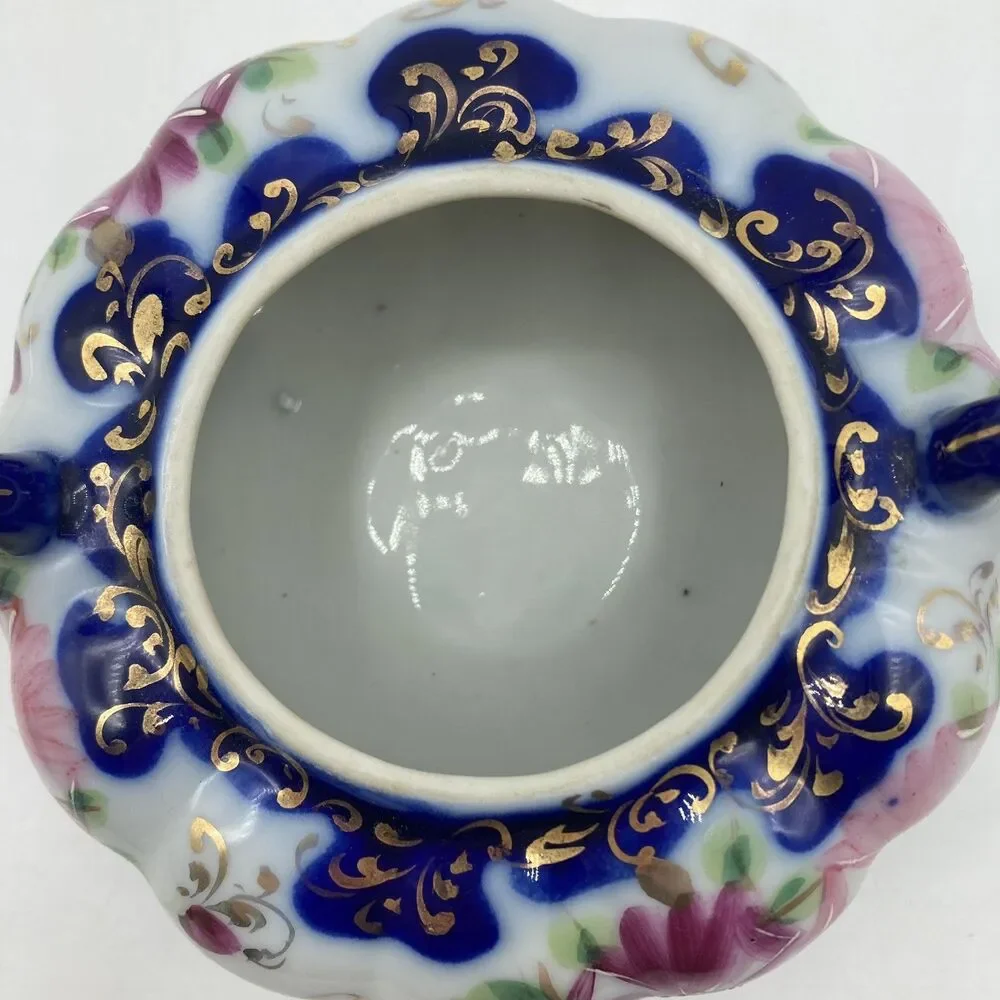 Antique Nippon Flow Blue Floral Creamer & Lidded Sugar Bowl Set Melon Gold Gilt